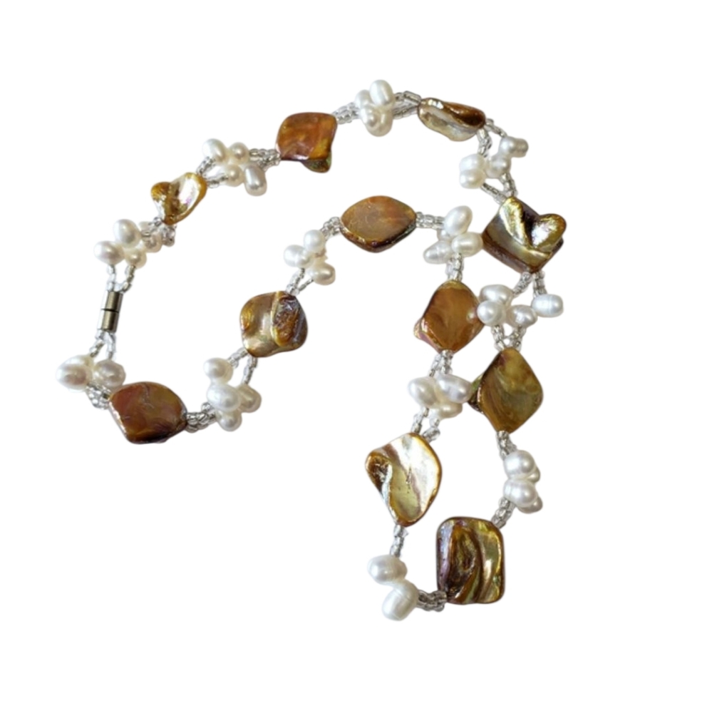 Fresh water pearl with Shell and seed bead Necklace with magnet clasp